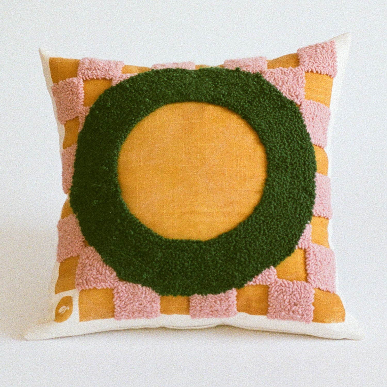 Needle Punched Pillow Cover in Pink and Yellow Check